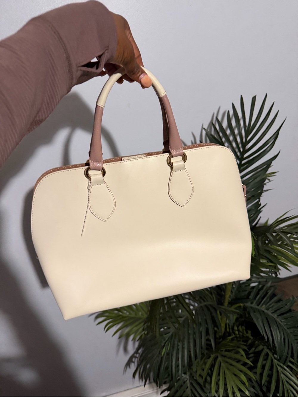 Cream Satchel with Tan Handles - Women's Classic Structured Handbag